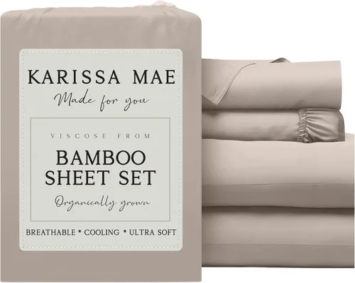 Vista 55 de KARISSA MAE Juego de sábanas de viscosa de bambú de lujo, 100% certificado FSC, refrescante, lujosamente suave, bolsillos profundos de 18 pulgadas