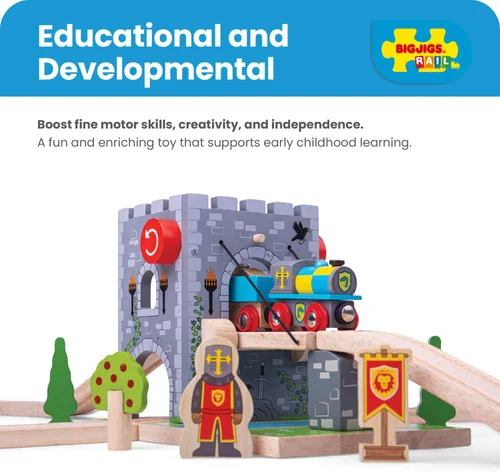 Vista 6 de Bigjigs Rail Puente levadizo de castillo de madera Accesorios de juguete para el juego clásico de pistas de tren de madera Regalos temáticos
