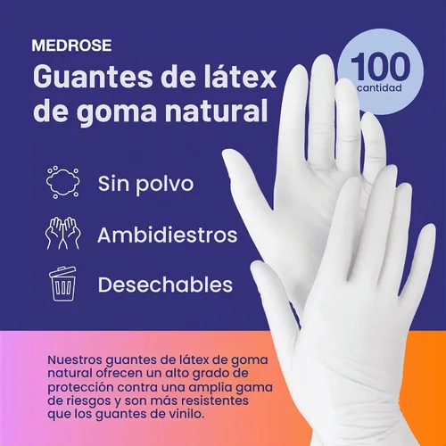 Vista 3 de Guantes de látex MedRose pequeños - 100 guantes de goma - Guantes desechables sin polvo, impermeables, blancos