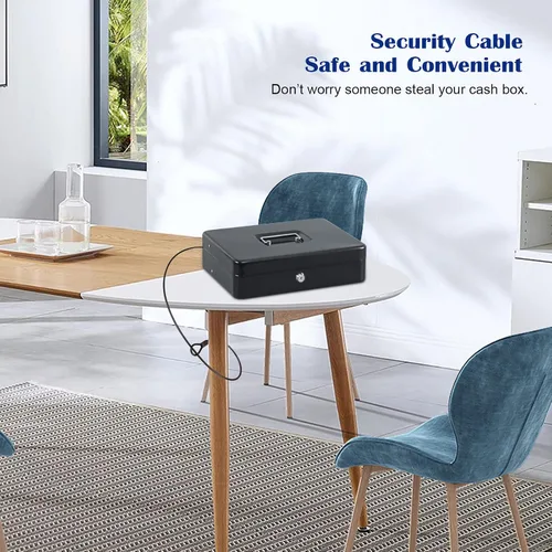 Vista 7 de KYODOLED Caja de efectivo con bandeja de dinero, cerradura de llave con cable de seguridad y bolsa impermeable, 11.81 pulgadas de largo 9.45