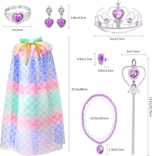 Vista 6 de Fedio Juego de capa de princesa de 7 piezas para niñas con corona de tiara, varita para niñas pequeñas (sirena)