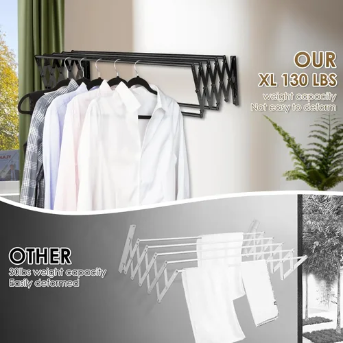Vista 5 de XL-31.5'' Tendedero de Ropa Montado en la Pared, 130 lbs Gran Capacidad Antioxidante Retráctil Plegable Tendedero Fácil Instalación con 7 Varillas