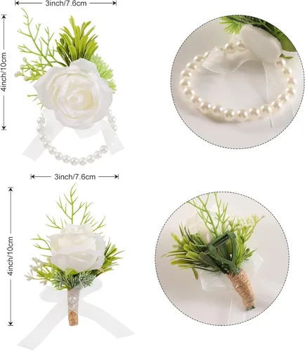 Vista 5 de Garisey Flores Artificiales Rosas Blancas Flores de Muñeca y Boutonniere para Hombres Flores de Boda Ceremonia Baile de Graduación