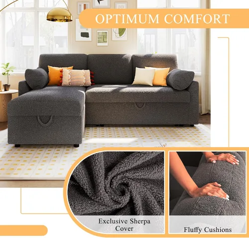Vista 3 de PaPaJet Sofá Cama, Sofá Cama con Chaise de Almacenamiento, Sofá en Forma de L con Cama Extraíble, Sofás de Gran Tamaño para Sala de Estar - Boucle