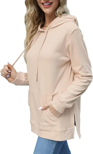 Vista 3 de Sudaderas con capucha para mujer, con dobladillo dividido, con cordón, casual, manga larga, con bolsillos