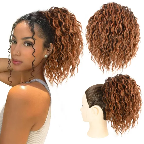 Vista 10 de Extension de cabello con moño desordenado, textura Yaki, con cabello suelto, ondulado y rizado, corto, con cordón de ajuste, extensiones de cola