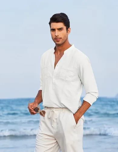 Vista 7 de COOFANDY Camiseta de lino Henley de manga larga para hombre, estilo hippie, de algodón, playeras
