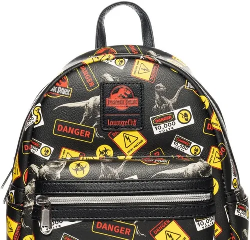 Vista 6 de Loungefly Mini-mochila de señales de advertencia de Jurassic Park, Negro, talla única