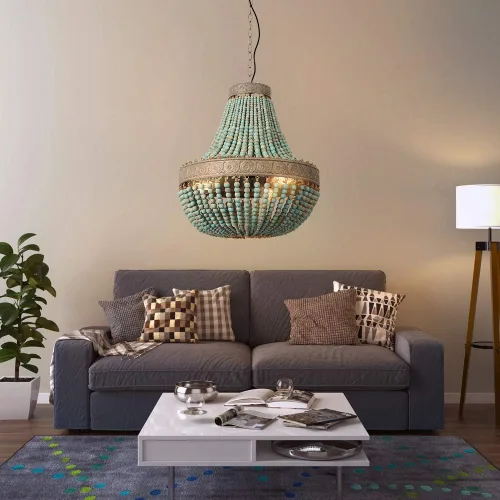 Vista 2 de Lámpara de techo con cuentas de madera en acabado gris y azul, estilo bohemio boho, para playa, accesorios de iluminación para techo