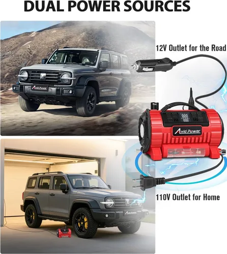 Vista 5 de AVID POWER Inflador de neumáticos, compresor de aire portátil, bomba de neumáticos de coche de 12 V CC/110 V CA con inflado y desinflado, 5 modos