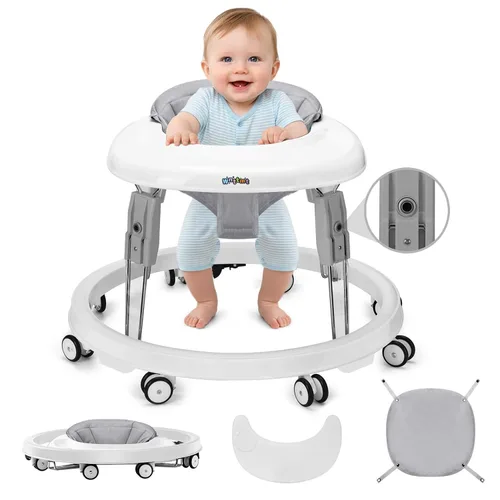 Vista 9 de Andador de bebé con ruedas, andador plegable de un solo toque con ajuste de altura, plato grande y freno, andador para bebés niños y niñas de 6 a 18