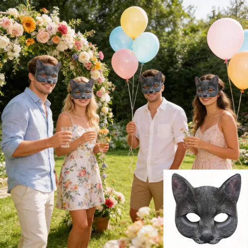 Vista 3 de 1 máscara de gato de media cara de Halloween para Halloween, Navidad, Pascua, accesorio de fiesta de disfraces (estilo A)