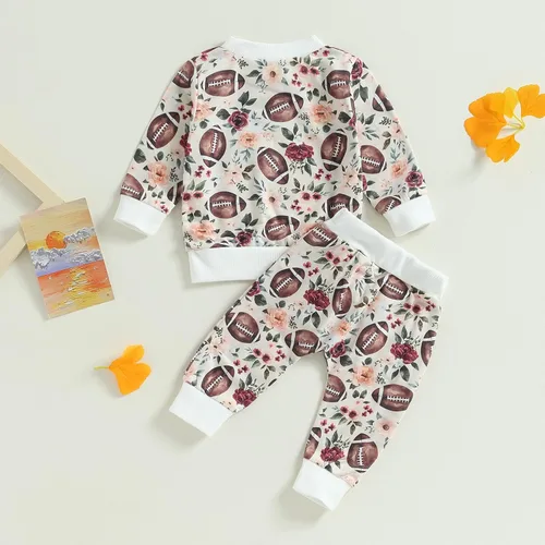 Vista 7 de Muasaaluxi Traje de fútbol para bebé recién nacido, niña, niño, sudadera de manga larga con cuello redondo, pantalones deportivos, 2 piezas, ropa