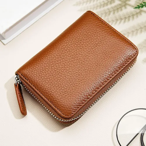 Vista 16 de Cartera de cuero genuino con bloqueo RFID, billetera con cremallera de lujo para mujeres con monedero, Color café, Classic