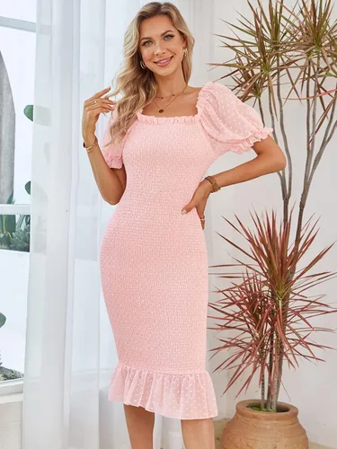 Vista 2 de SENFURE Vestido de verano para mujer, estilo casual, por debajo de la rodilla, fruncido, manga abombada, cuello cuadrado, volantes, vestido