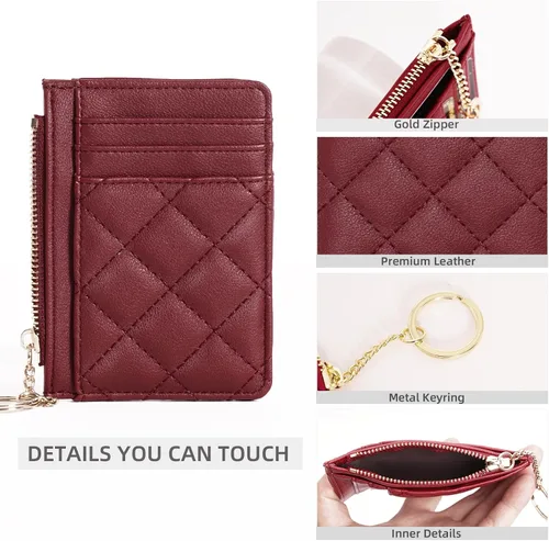 Vista 3 de Soporte para tarjetas de crédito, cartera delgada con llavero con bolsillo frontal para monedas, bolsillo frontal pequeño para mujer, color rojo