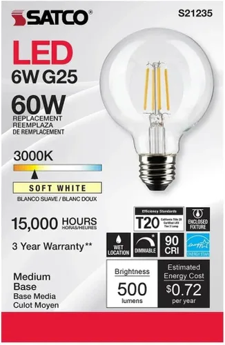 Vista 5 de Satco Bombillas LED G25 de 6 W, 3000 K blanco suave, 500 lúmenes, base media E26, regulable, ubicación húmeda, paquete de 6