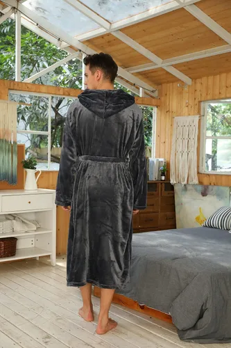 Vista 2 de U2SKIIN - Lujosa bata de baño larga con capucha, de vellón polar, para hombre