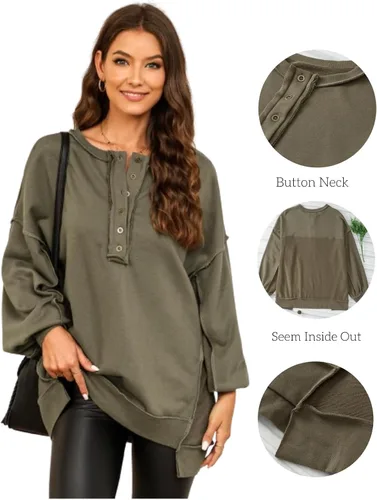 Vista 36 de AlvaQ - Sudadera de gran tamaño para mujer, informal, de manga larga, con botones y cuello Henley, tipo túnica