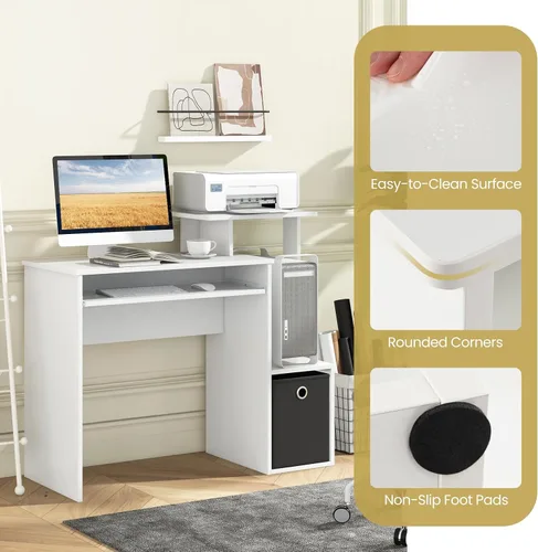 Vista 11 de Tangkula Escritorio para computadora con cajón de tela y bandeja para teclado, escritorio de estudio que ahorra espacio con estantes