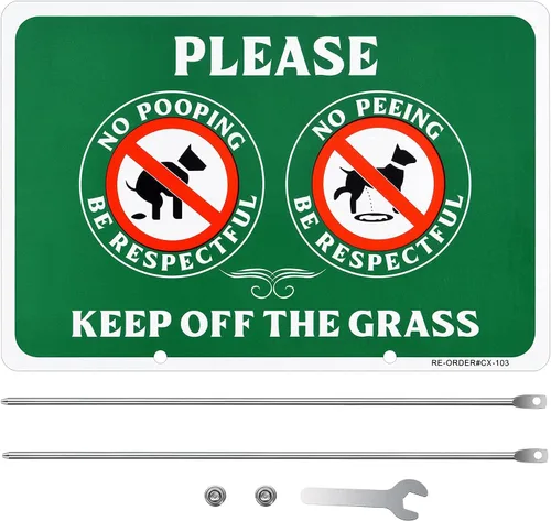 Vista 2 de MUXYH Letrero de perro de doble cara con texto en inglés «Please Be Respectful, Keep Off The Grass», de construcción de metal, 12 x 9 pulgadas