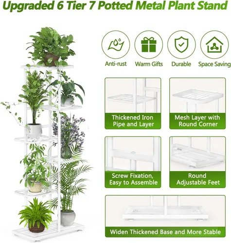 Vista 2 de Soporte para plantas de 6 niveles y 7 macetas para interiores con herramientas y guantes de jardinería, organizador de estantes de metal esquineros