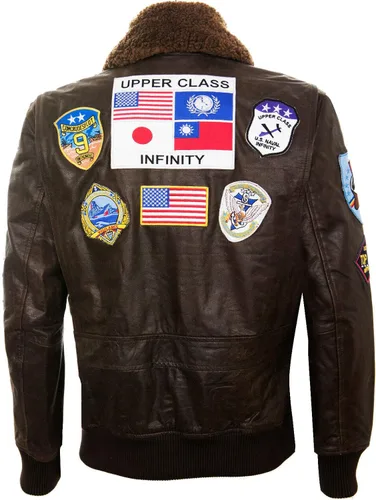 Vista 2 de Chaqueta bomber de piel de vuelo Air Force A2 para hombre con cuello de oveja y parches
