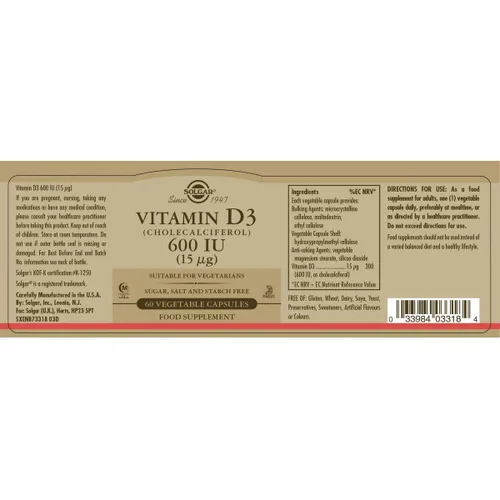 Vista 5 de Vitamina D3 (Colecalciferol) Solgar 600 iu 60 Cápsulas