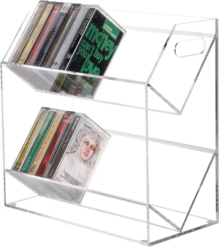 Vista 8 de MyGift Soporte para casetes compactos de acrílico negro de 2 niveles con asas de transporte recortadas, cintas de casete de audio retro, soporte