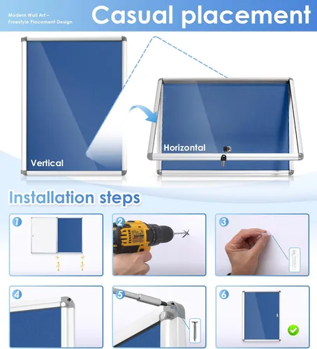 Vista 4 de SWANCROWN - Tablero de anuncios con cerradura a prueba de manipulaciones y cerrado para hogar, oficina y escuela, montado en la pared, de tela azul