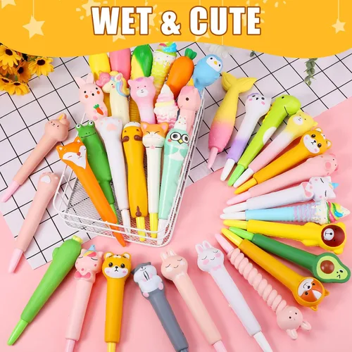 Vista 3 de PerKoop 40 bolígrafos blandos Kawaii con recambios, suministros de estrés para apretar, tinta de gel estacionaria de animales de dibujos animados