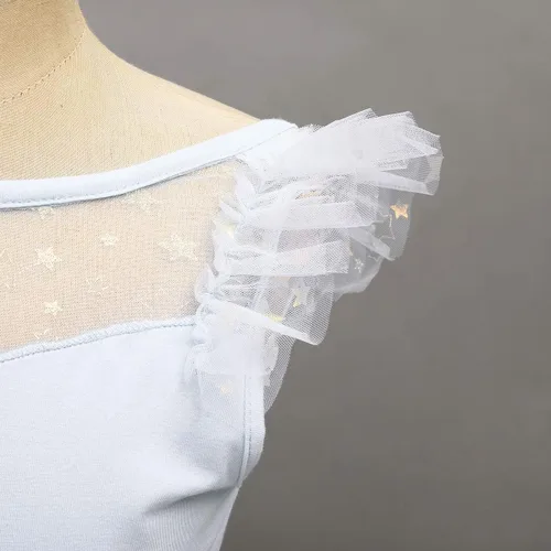 Vista 4 de IDOPIP Leotardo con falda de tutú de estrella con purpurina para niñas, manga con volantes, vestido de bailarina, traje de gimnasia
