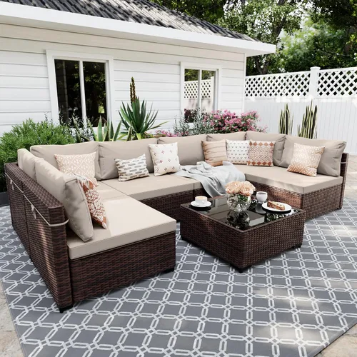 Vista 10 de UPHA Juego de muebles de mimbre para patio de 5 piezas con mesa auxiliar Cojín de ratán marrón y beige