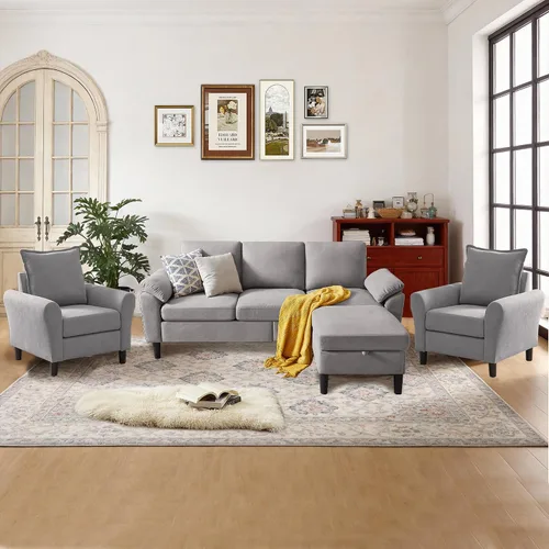 Vista 11 de Juego de sofá modular convertible de 79 pulgadas, moderno sofá pequeño en forma de L de lino con otomana reversible y sofá biplaza, sofás de 3 Beige