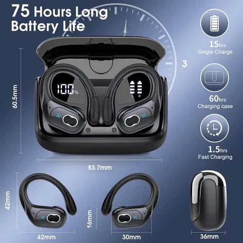 Vista 4 de Auriculares inalámbricos Bluetooth 5.4 de 75 horas para deporte, auriculares Bluetooth 2025 estéreo con graves profundos sobre la oreja con ganchos