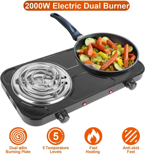 Vista 2 de KOCASO Quemador doble eléctrico eléctrico de doble quemador de 2000 W, calefacción de bobina portátil, estufa de placa calefactora para encimera RV