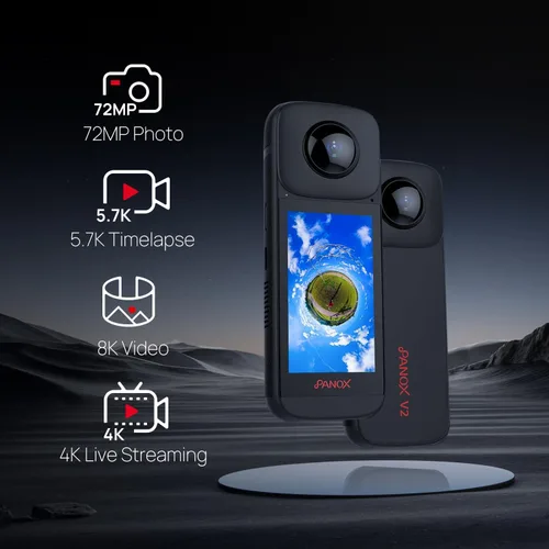 Vista 5 de PANOX Cámara V2 360 para motocicleta, foto de 72 MP, video de 5.7K, cámara 4K en vivo de 360°, panorama GPS, sistema operativo Android 10, edición
