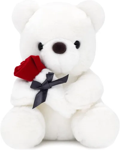 Vista 9 de HWD Oso de peluche de 9.8 pulgadas con rosa, muñeca de felpa suave, juguetes de peluche, regalos para ella/novia, amante, mamá, niños pequeños (gris)