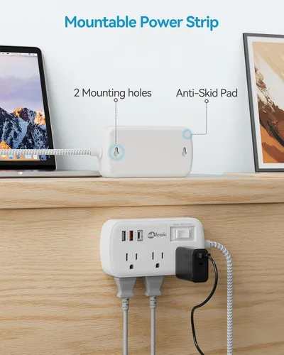 Vista 7 de Regleta de alimentación con protección contra sobretensiones PD de 20 W USB C, regleta de alimentación para viajes con 3 puertos USB (1 USB C) y 6