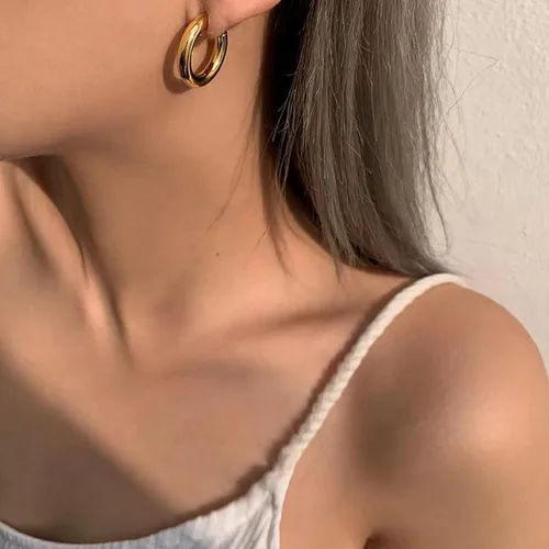 Vista 48 de Aretes de aro gruesos de oro para mujer, chapados en oro de 14 quilates, aretes de aro triple, hipoalergénicos, a la moda, aretes de aro gruesos
