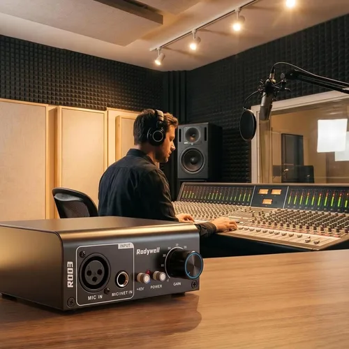 Vista 7 de Preamplificador de micrófono con ganancia ajustable de 19~75db, salida de línea balanceada y 48V para micrófono dinámico, de condensador, de cinta