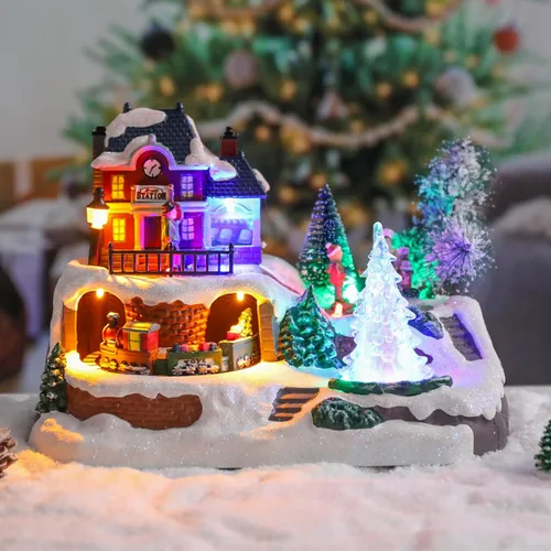 Vista 11 de WONDER GARDEN Casas de pueblo navideño, casas de Navidad, aldea - Estación de policía musical iluminada, edificios coleccionables con automóvil