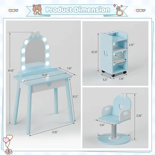 Vista 4 de Juego de tocador azul para niños con luz y silla de barbero, tocador de maquillaje con estante de almacenamiento y juego de peluquería, juego de 7