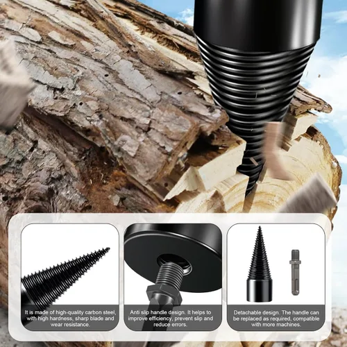 Vista 3 de Broca divisora de madera 42mm + 32mm con guantes antideslizantes y 4 mangos de perforación, broca divisora de troncos divisora de leña para broca