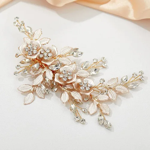 Vista 6 de SWEETV - Peineta de novia con diamantes de imitación, hecha a mano, diseño de flores 1: Oro rosa claro