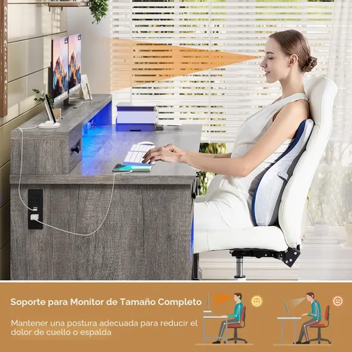 Vista 4 de BTHFST Escritorio ejecutivo estilo granja con cajón para archivos, escritorio para computadora con estación de carga y luces LED, escritorio de Gris