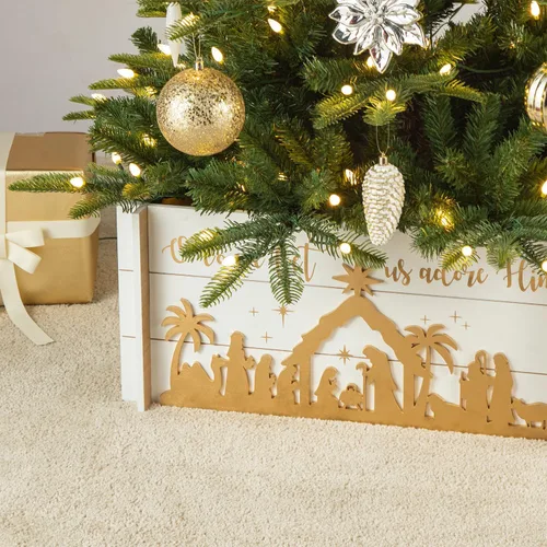 Vista 8 de Glitzhome Collar de árbol de madera, cubierta de base de árbol de Navidad, collares de árbol de Navidad para árboles artificiales, escena