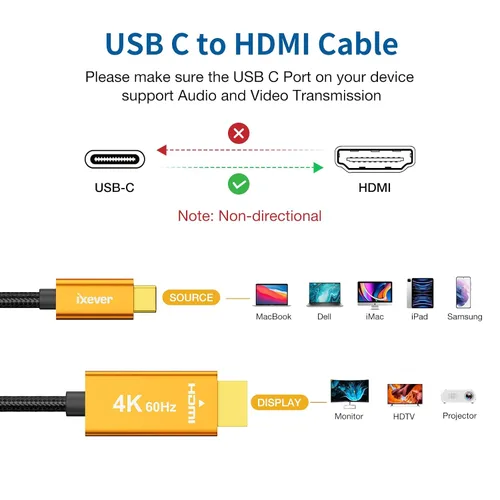 Vista 2 de Cable USB C a HDMI de 6.6 pies [4K a 60 Hz], cable USB tipo C macho a HDMI macho trenzado compatible con Thunderbolt 3/4 para MacBook Pro/Air, iPad