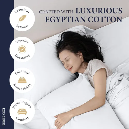 Vista 2 de Juego de 4 fundas de almohada 100% de algodón egipcio, tamaño estándar/Queen, lujosas fundas de almohada de 1200 hilos color blanco satinado, fundas