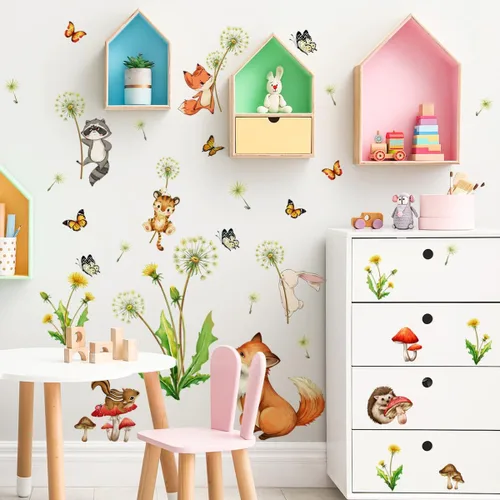 Vista 4 de Calcomanías de pared de dibujos animados con diseño de mariposas y animales para bebé, calcomanías de pared de plantas de diente de león, hojas